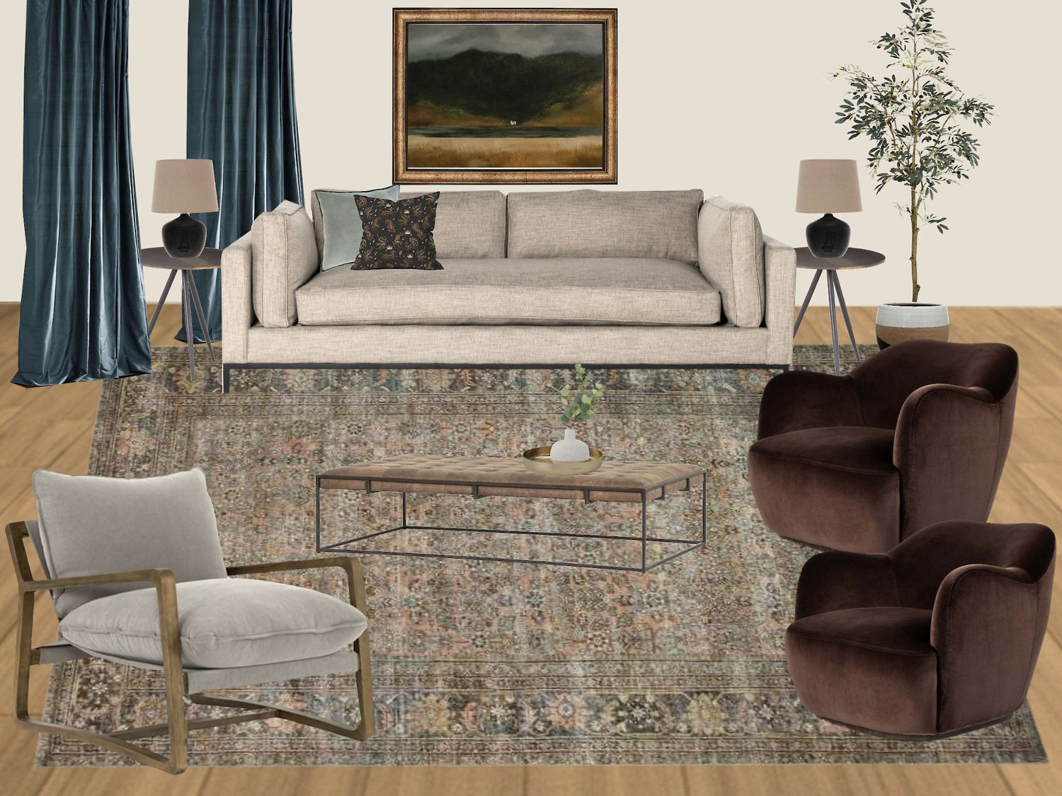 Stylish living room transformation using a personalized design mood board with modern furniture and decor that is moody, warm, inviting, and welcoming.