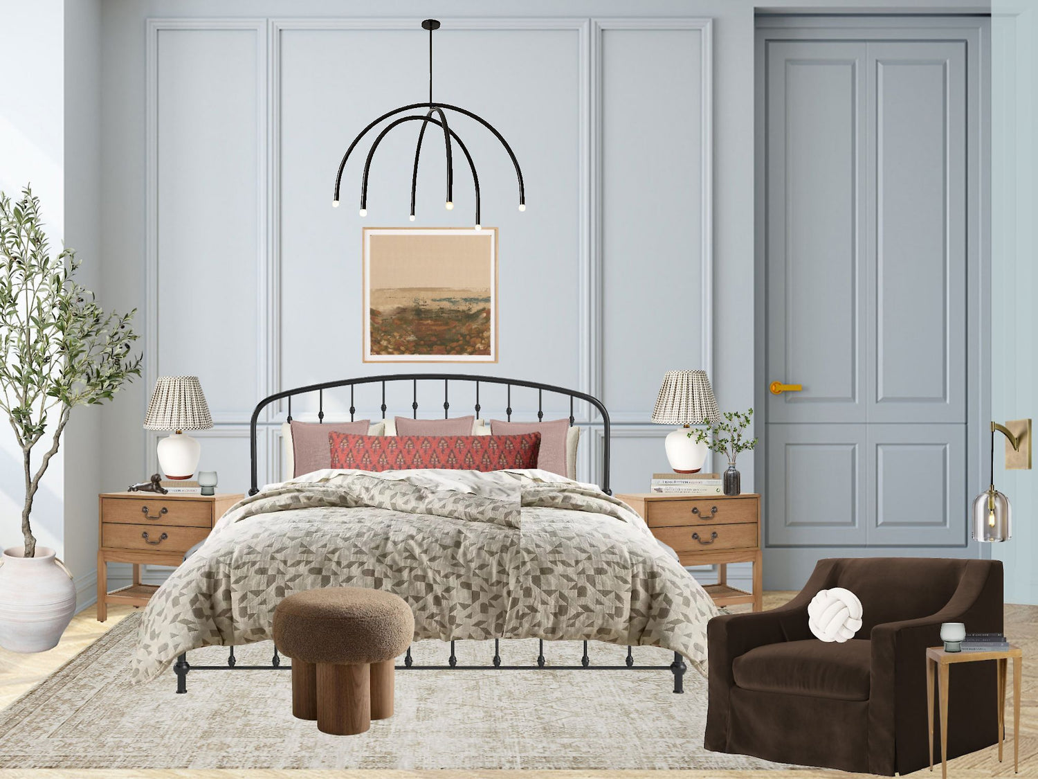 Custom interior design bedroom mood board featuring modern home decor ideas and color palettes.