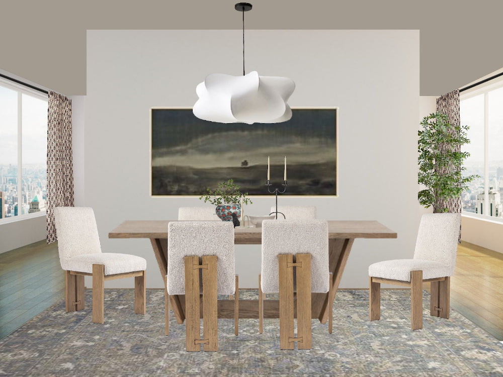 Stylish dining room transformation using a personalized design mood board with modern furniture and decor with natural wood tones, muted blues, and crisp white.