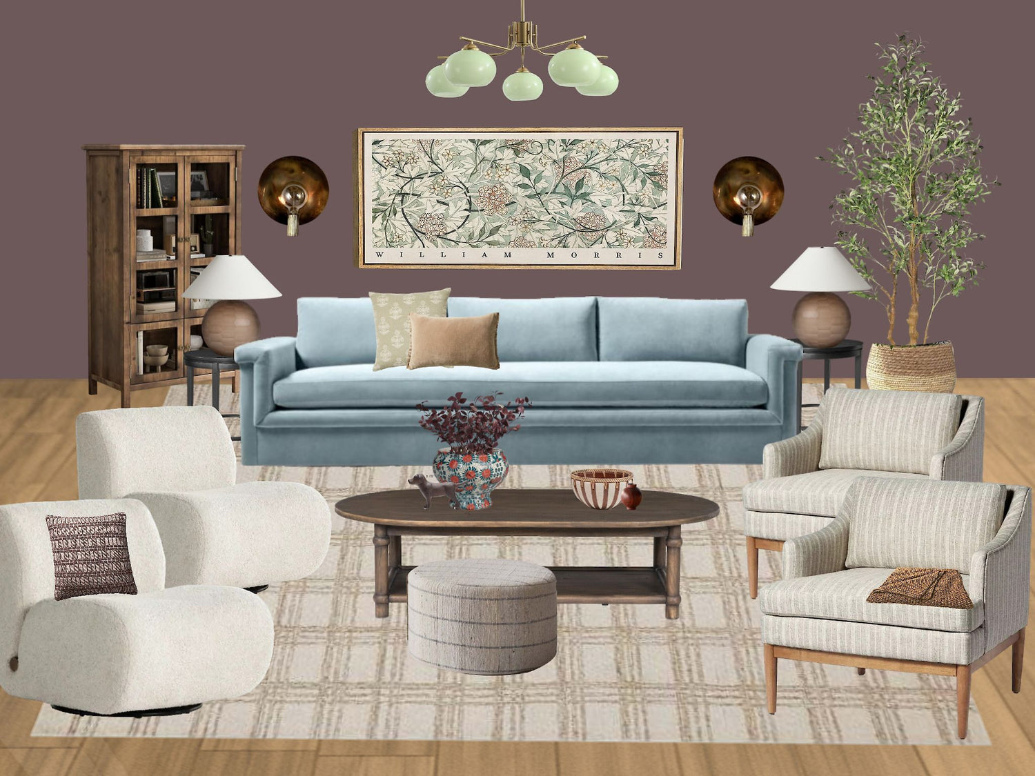 Stylish living room transformation using a personalized design mood board with modern furniture and decor with pops of color in pastel tones and more muted colors and neutral colors.