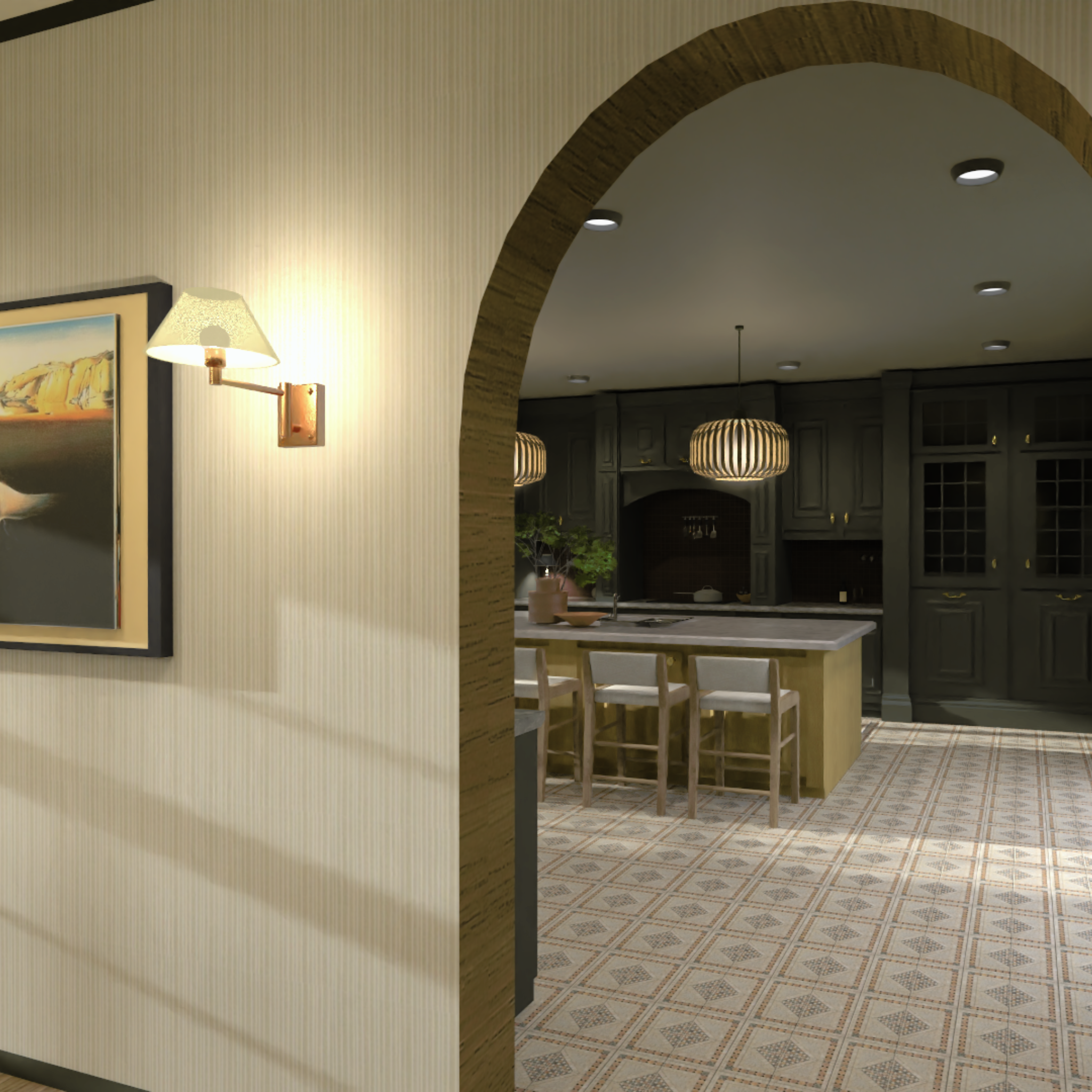 Photorealistic render of a traditional style kitchen through an arched doorway. 