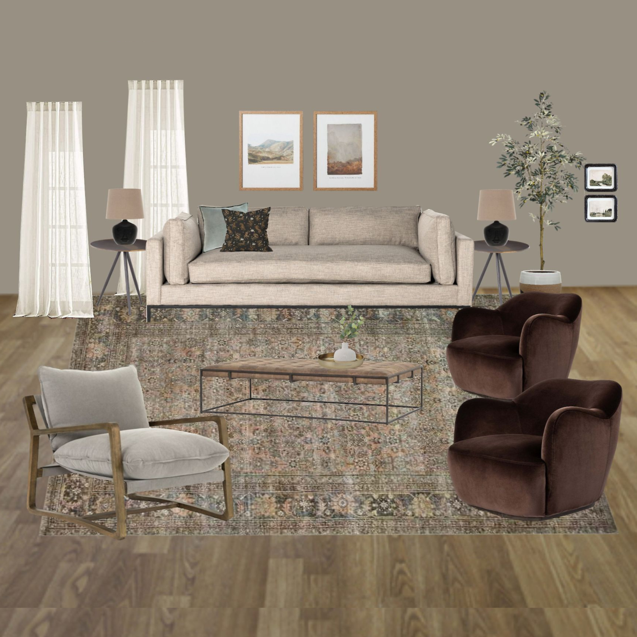 Mood board for moody iiving room design. Moody colors of velvet cocoa swivel chairs, charcoal ceramic table lamps, and multi-color rug of rust, browns, and greens.