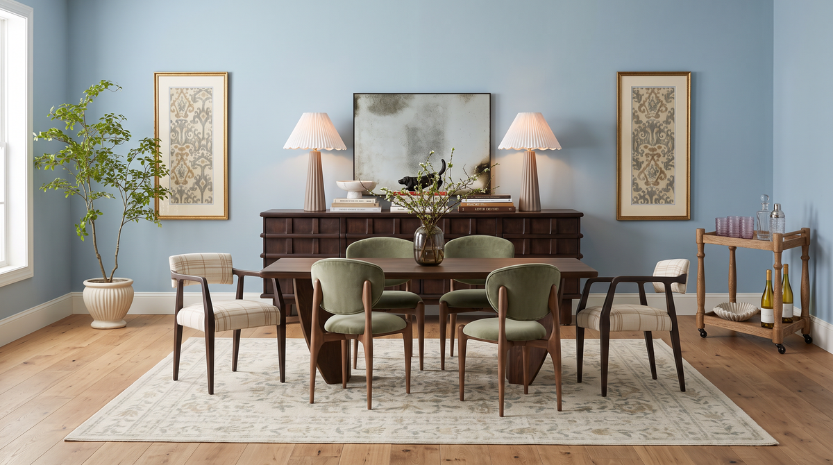 dark wood dining table and green dining chairs with wihite armcharis oriental white rug textured dark wood sideboard two lamps on sideboard light wood rolling bar cart light blue wall dining room